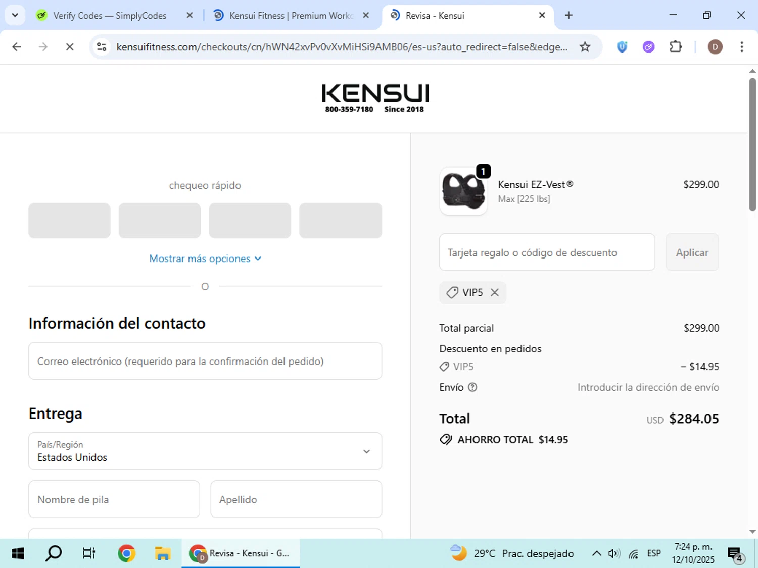 Kensui Fitness discount code screenshot showing code VIP5 applied at Kensui Fitness checkout page. Uploaded by SimplyCodes community member BrilliantWizard8884 on Oct 12, 2025