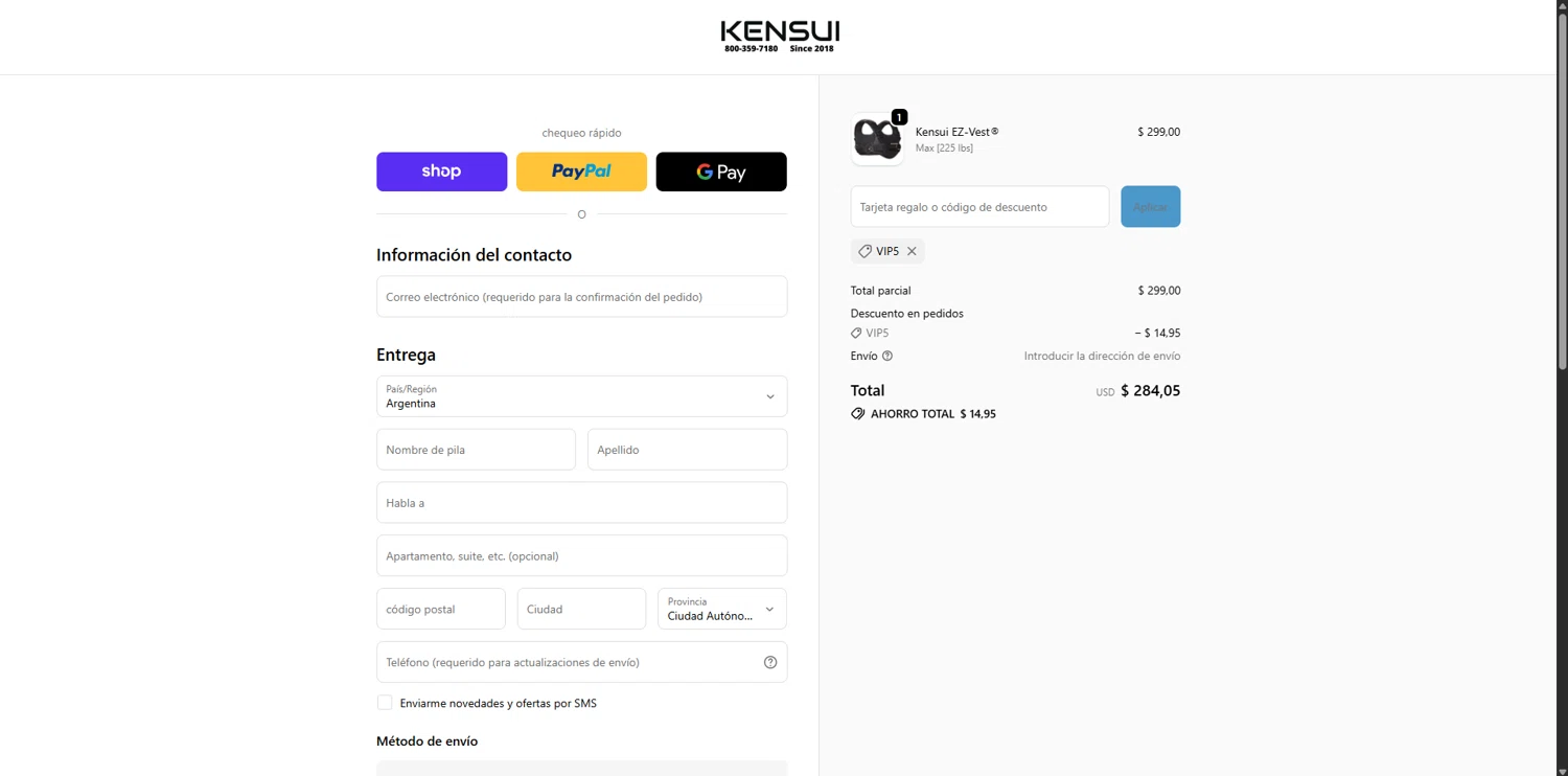 Kensui Fitness discount code screenshot showing code VIP5 applied at Kensui Fitness checkout page. Uploaded by SimplyCodes community member CouponPro7532 on Oct 9, 2025