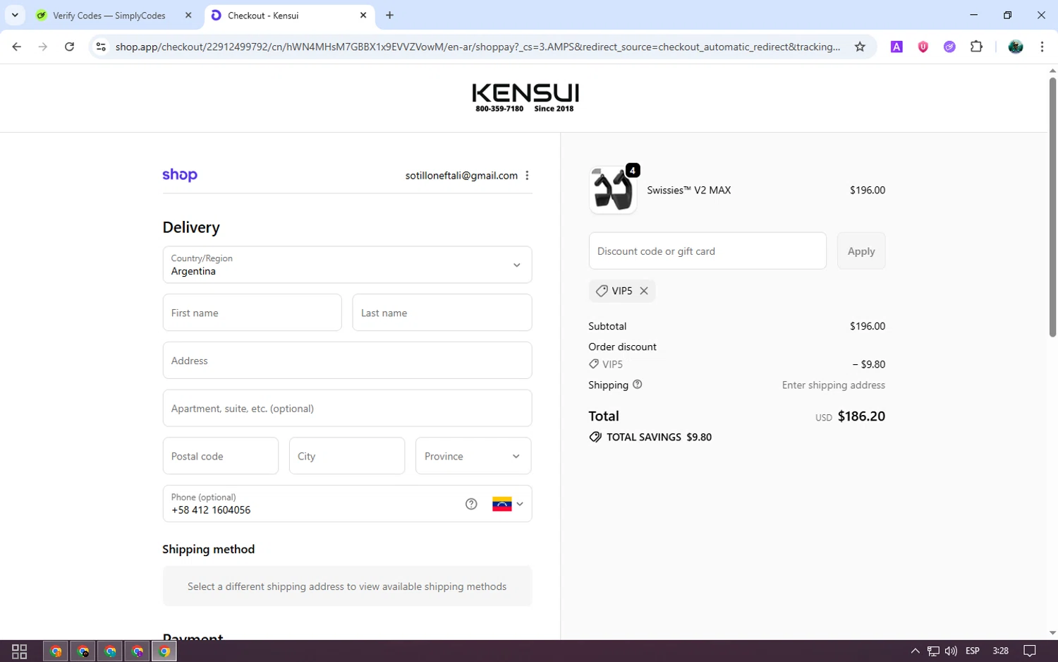 Kensui Fitness discount code screenshot showing code VIP5 applied at Kensui Fitness checkout page. Uploaded by SimplyCodes community member neurioandrades on Oct 25, 2025