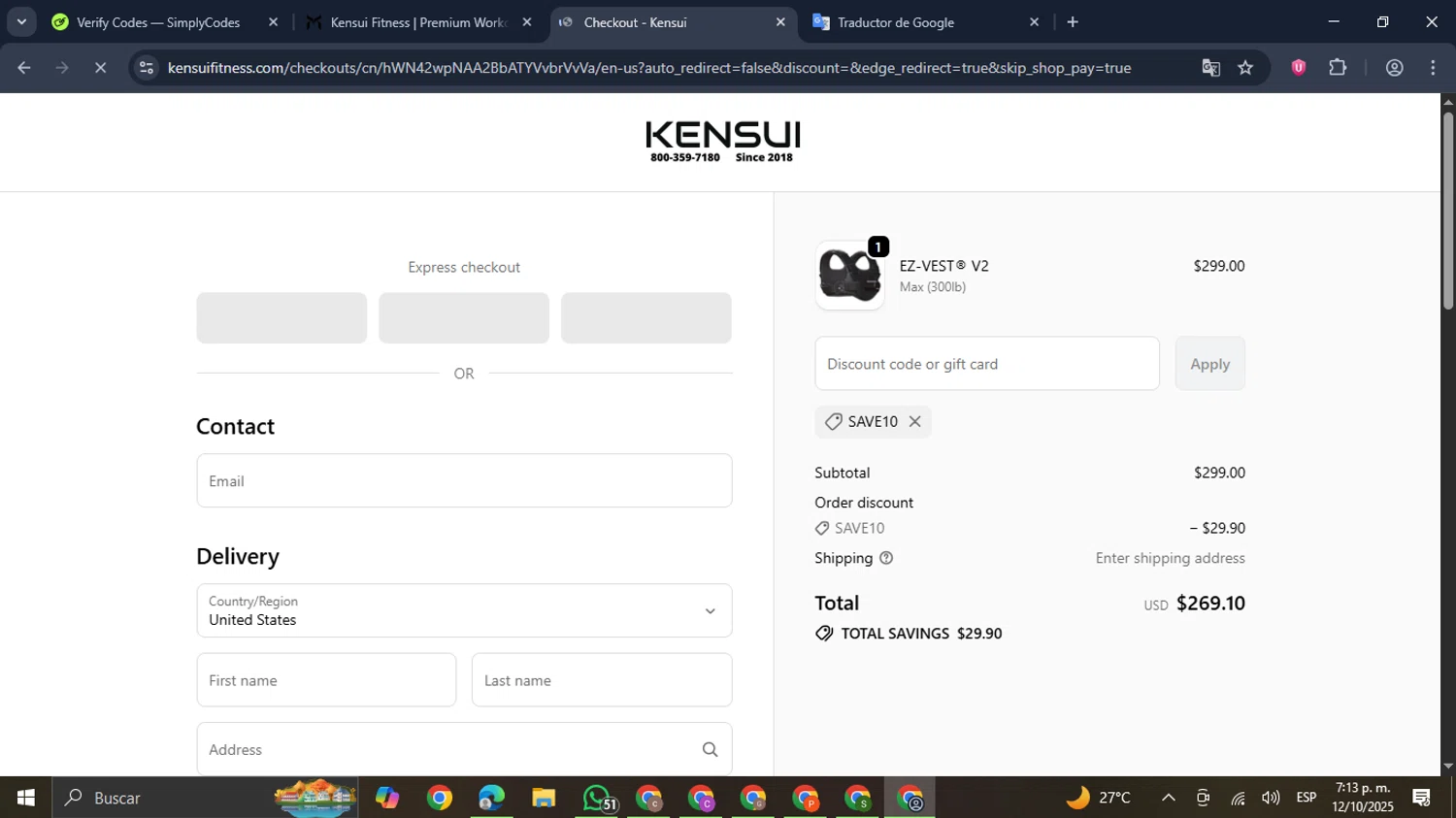 Kensui Fitness discount code screenshot showing code save10 applied at Kensui Fitness checkout page. Uploaded by SimplyCodes community member GloriousDefender7889 on Oct 12, 2025