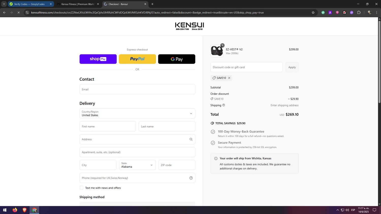 Kensui Fitness discount code screenshot showing code save10 applied at Kensui Fitness checkout page. Uploaded by SimplyCodes community member eliaskao on Jun 14, 2025