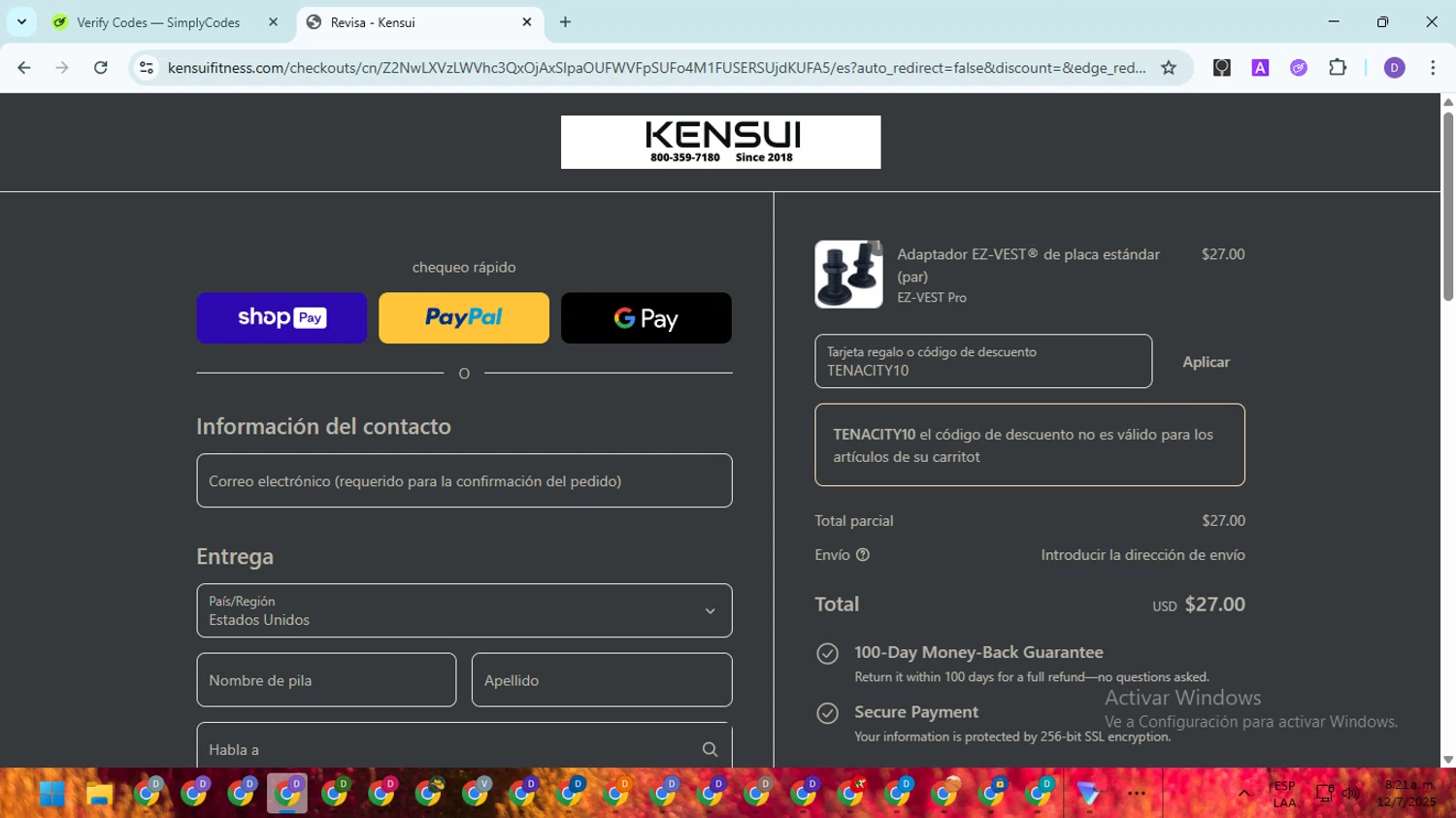 Kensui Fitness discount code screenshot showing code TENACITY10 applied at Kensui Fitness checkout page. Uploaded by SimplyCodes community member SavingsGuardian5156 on Jul 12, 2025