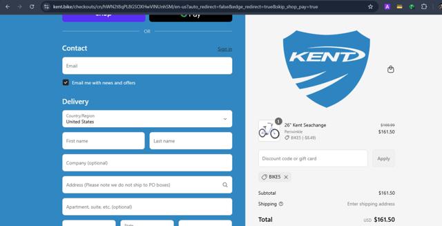 Kent Bike checkout page showing Kent Bike discount code box | Screenshot taken by SimplyCodes community member on Sep 12, 2025