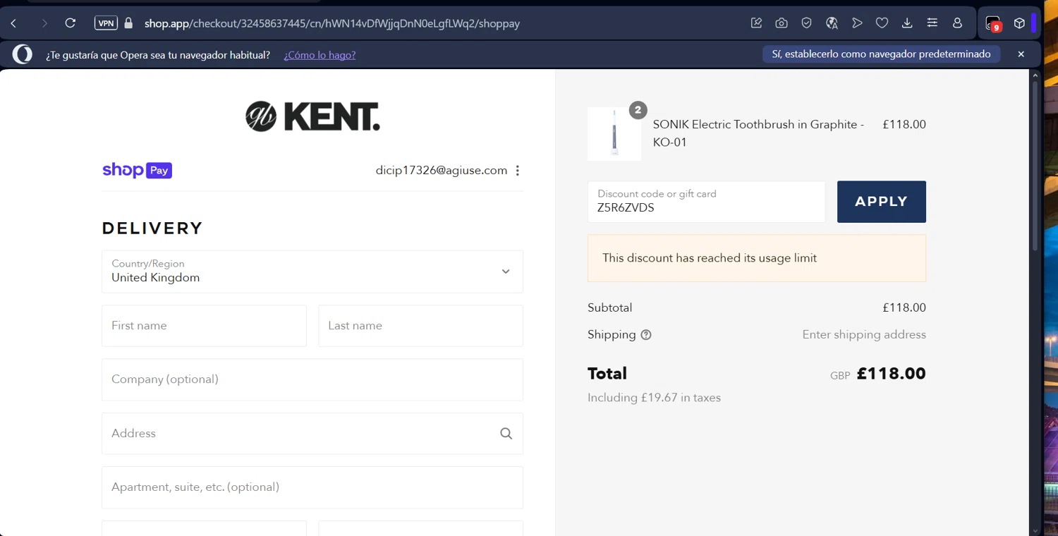 Kent Brushes discount code screenshot showing code Z5R6ZVDS applied at Kent Brushes checkout page. Uploaded by SimplyCodes community member ThriftyBoss8495 on Jul 26, 2025