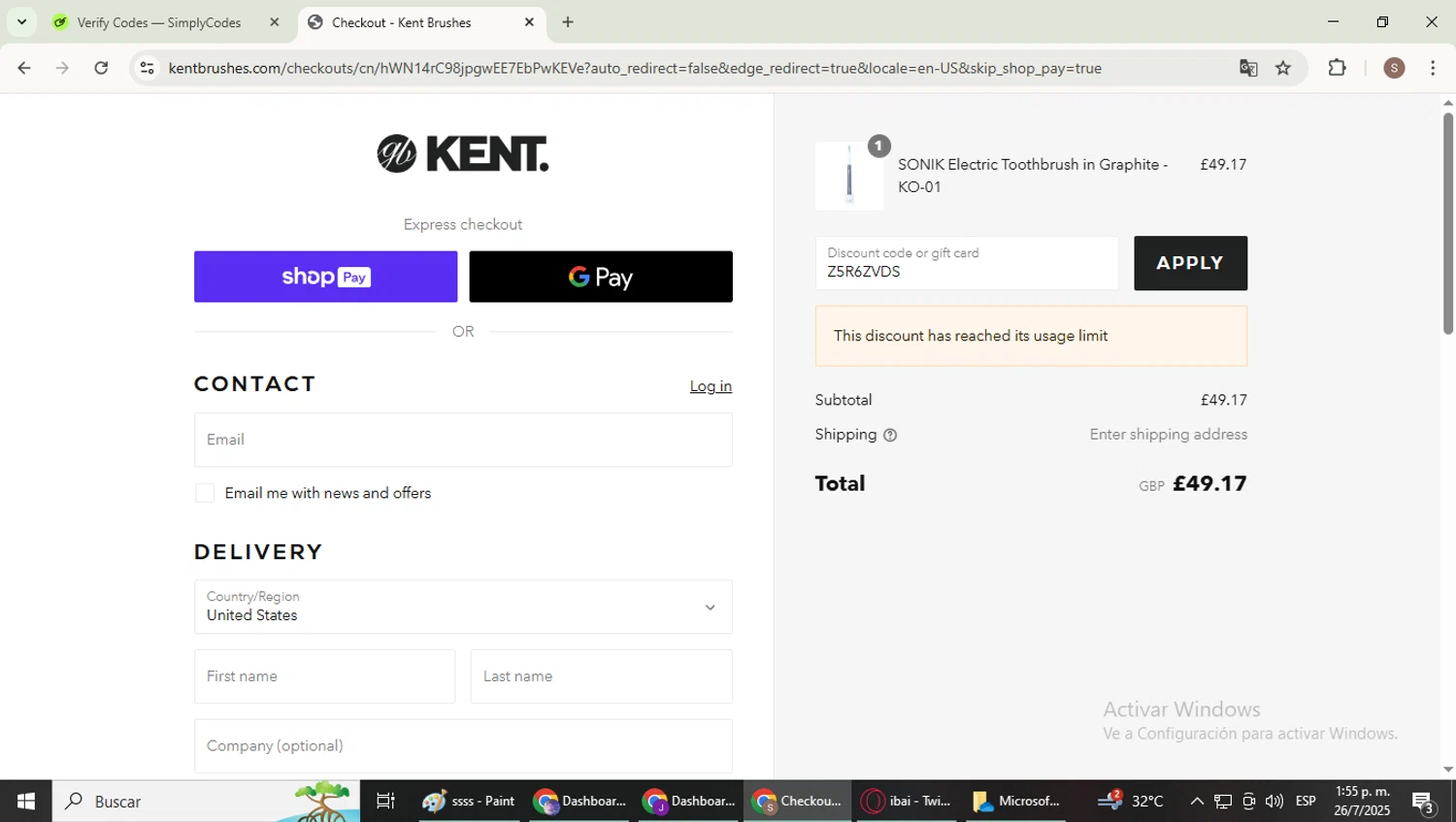 Kent Brushes discount code screenshot showing code Z5R6ZVDS applied at Kent Brushes checkout page. Uploaded by SimplyCodes community member WiseExpert2972 on Jul 26, 2025