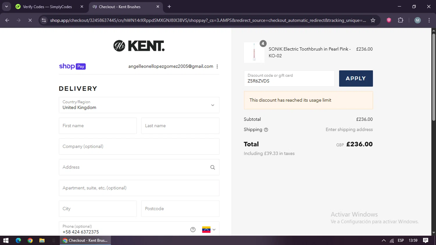 Kent Brushes discount code screenshot showing code Z5R6ZVDS applied at Kent Brushes checkout page. Uploaded by SimplyCodes community member maraxo on Jul 26, 2025