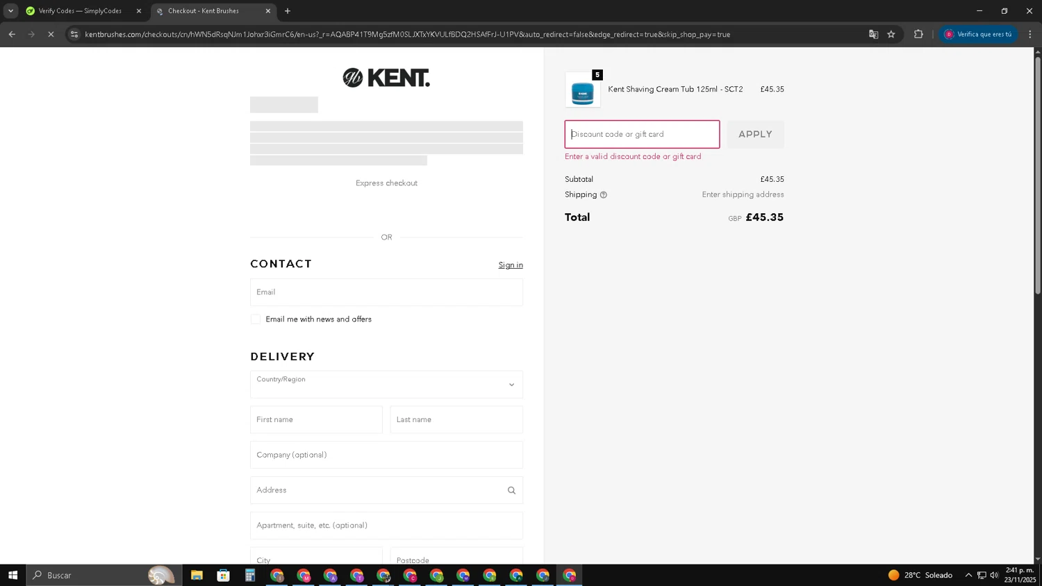 Kent Brushes discount code screenshot showing code SHAVE applied at Kent Brushes checkout page. Uploaded by SimplyCodes community member TreasureGuardian552 on Nov 23, 2025