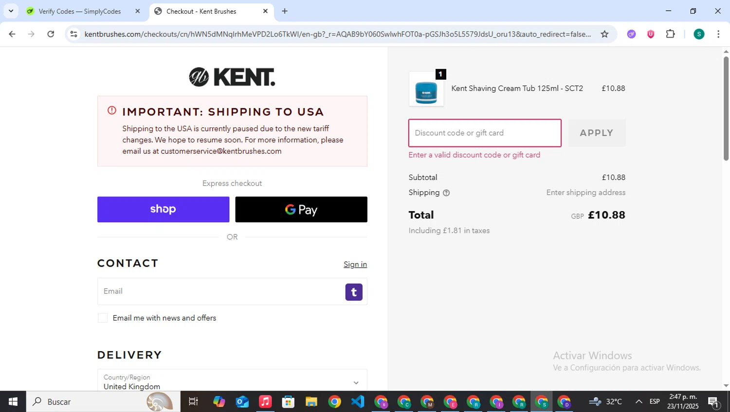 Kent Brushes discount code screenshot showing code SHAVE applied at Kent Brushes checkout page. Uploaded by SimplyCodes community member VictoriousPilot5281 on Nov 23, 2025