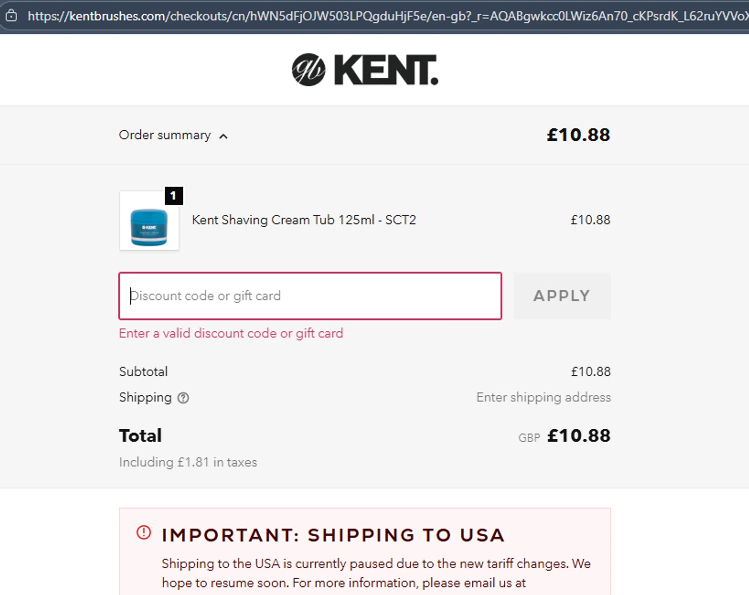 Kent Brushes discount code screenshot showing code SHAVE applied at Kent Brushes checkout page. Uploaded by SimplyCodes community member chepipi on Nov 23, 2025