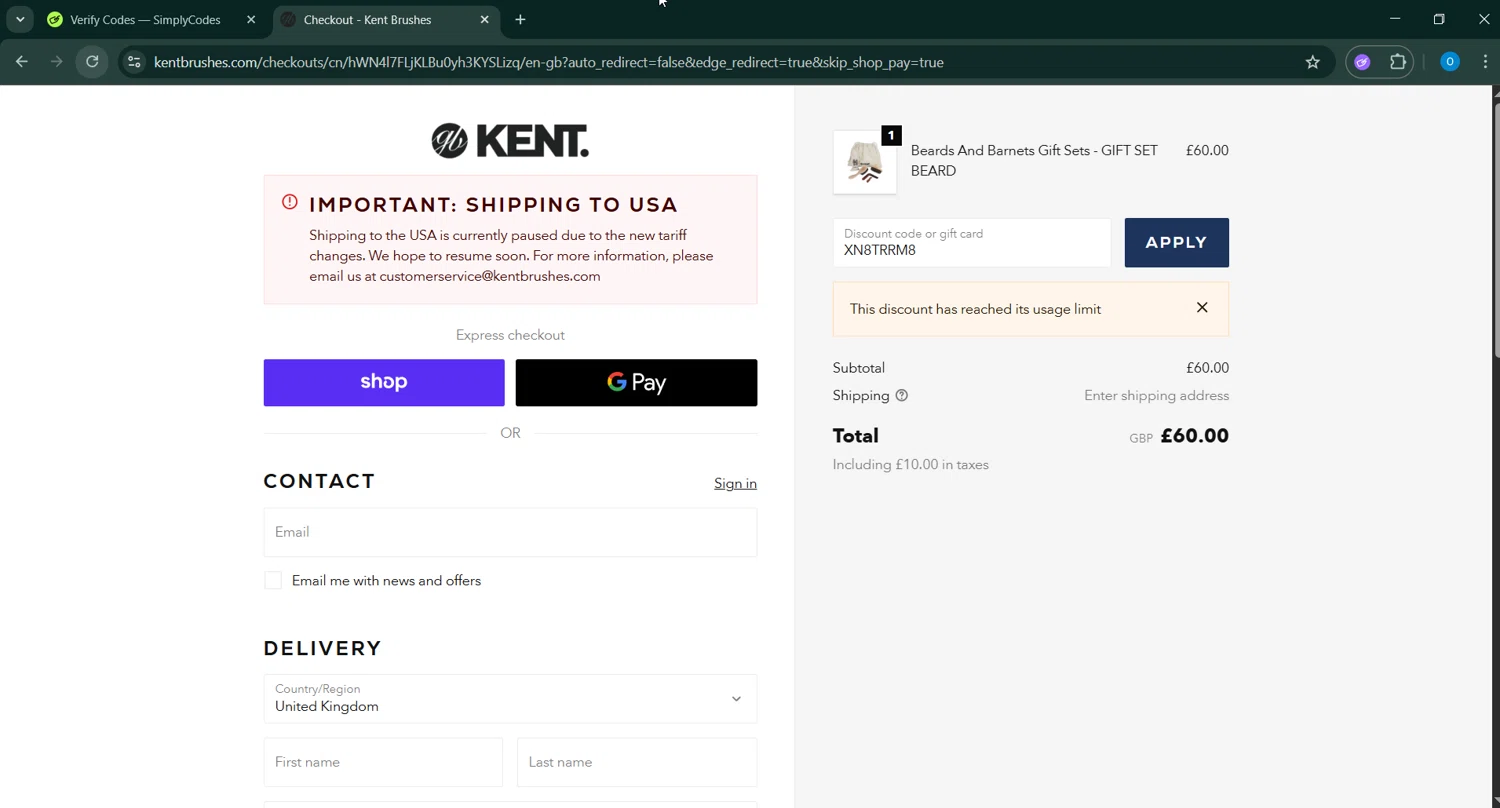 Kent Brushes discount code screenshot showing code XN8TRRM8 applied at Kent Brushes checkout page. Uploaded by SimplyCodes community member GoldChaser6627 on Oct 31, 2025