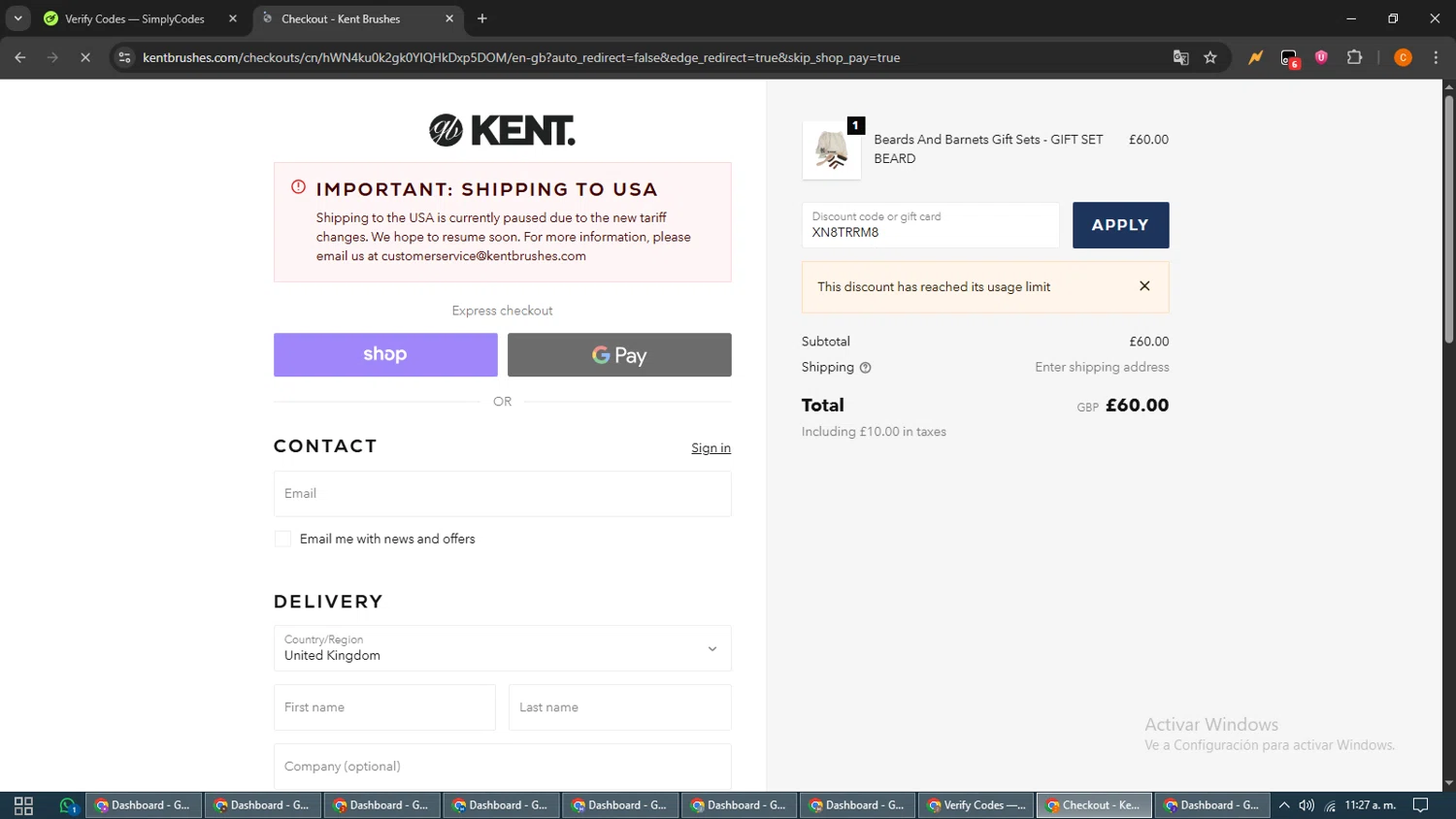 Kent Brushes discount code screenshot showing code XN8TRRM8 applied at Kent Brushes checkout page. Uploaded by SimplyCodes community member guest_192805448 on Oct 31, 2025