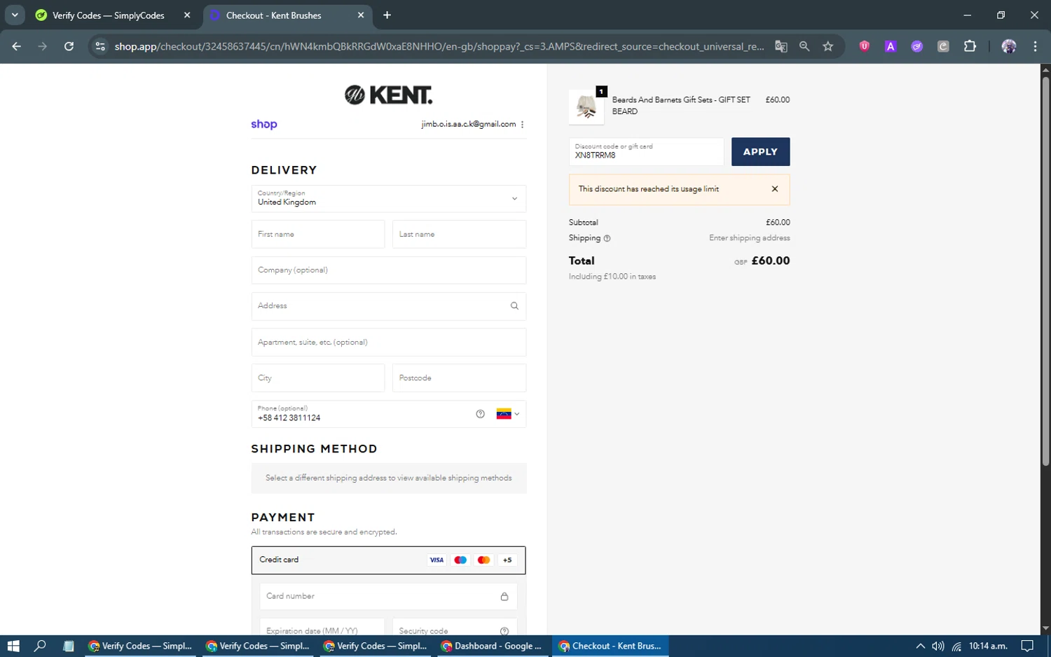 Kent Brushes discount code screenshot showing code XN8TRRM8 applied at Kent Brushes checkout page. Uploaded by SimplyCodes community member kakarotto on Oct 31, 2025