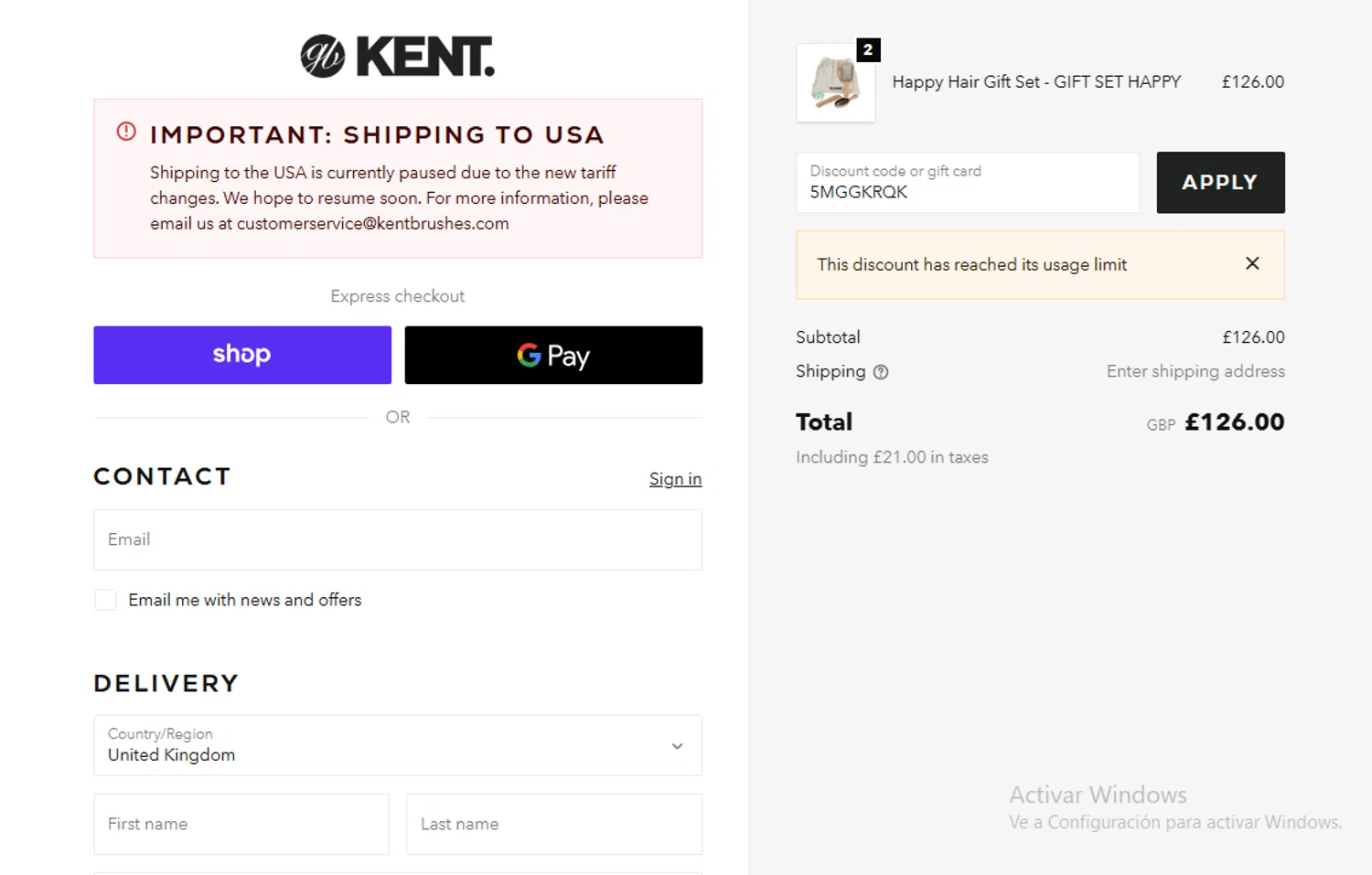 Kent Brushes discount code screenshot showing code 5MGGKRQK applied at Kent Brushes checkout page. Uploaded by SimplyCodes community member Gary_23 on Oct 31, 2025
