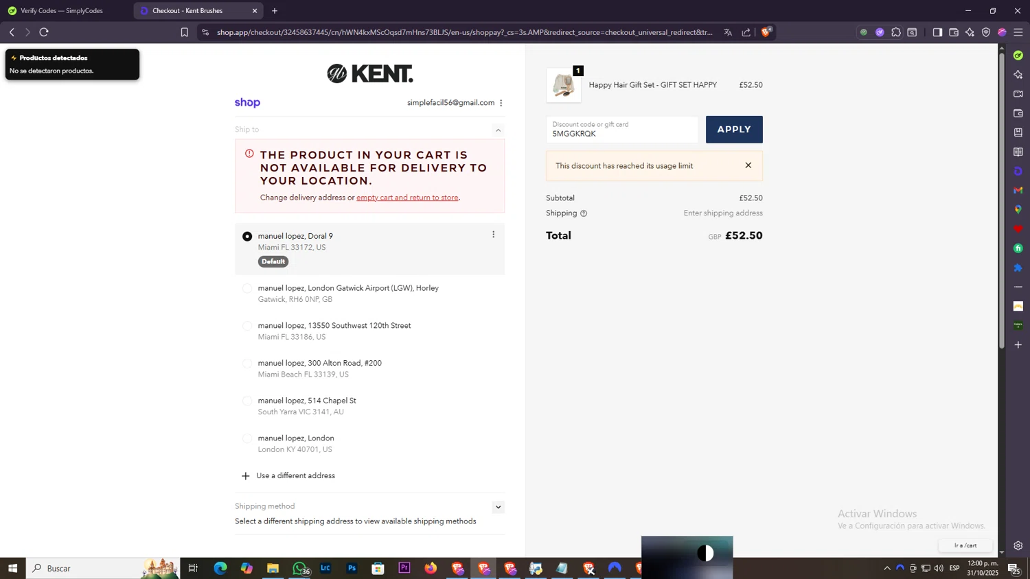 Kent Brushes discount code screenshot showing code 5MGGKRQK applied at Kent Brushes checkout page. Uploaded by SimplyCodes community member SilverSentinel7889 on Oct 31, 2025