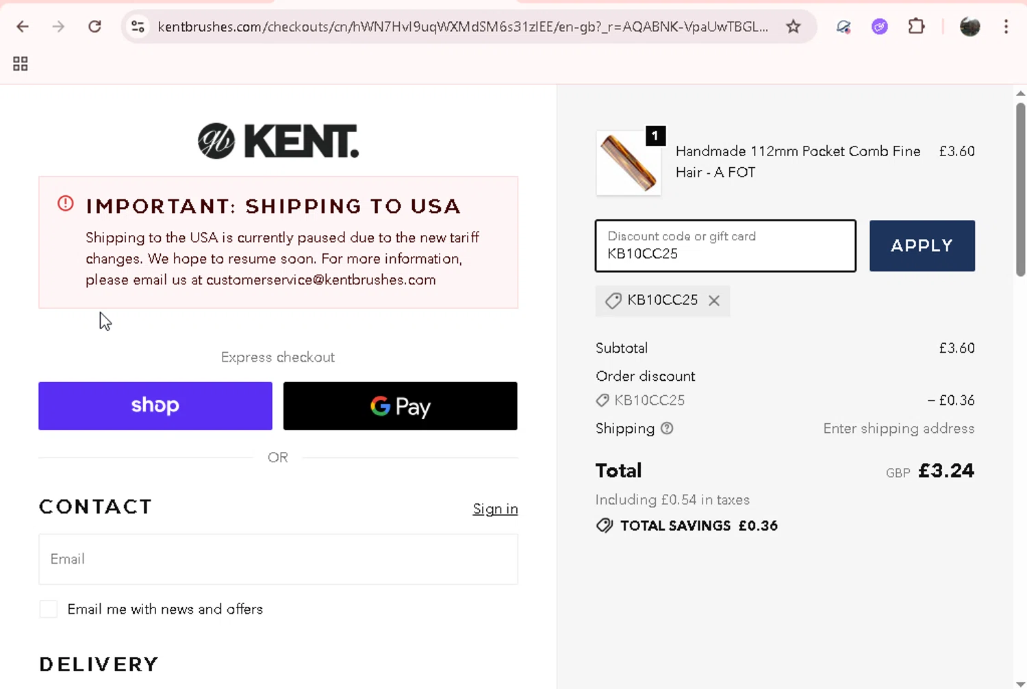 Kent Brushes checkout page showing Kent Brushes discount code box | Screenshot taken by SimplyCodes community member on Jan 6, 2026