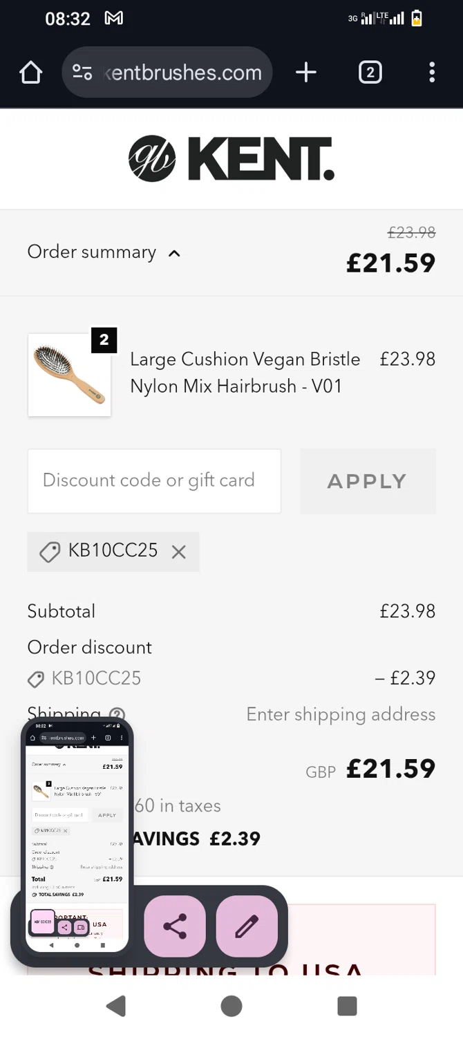 Kent Brushes discount code screenshot showing code KB10CC25 applied at Kent Brushes checkout page. Uploaded by SimplyCodes community member mrdarcy on Jan 2, 2026