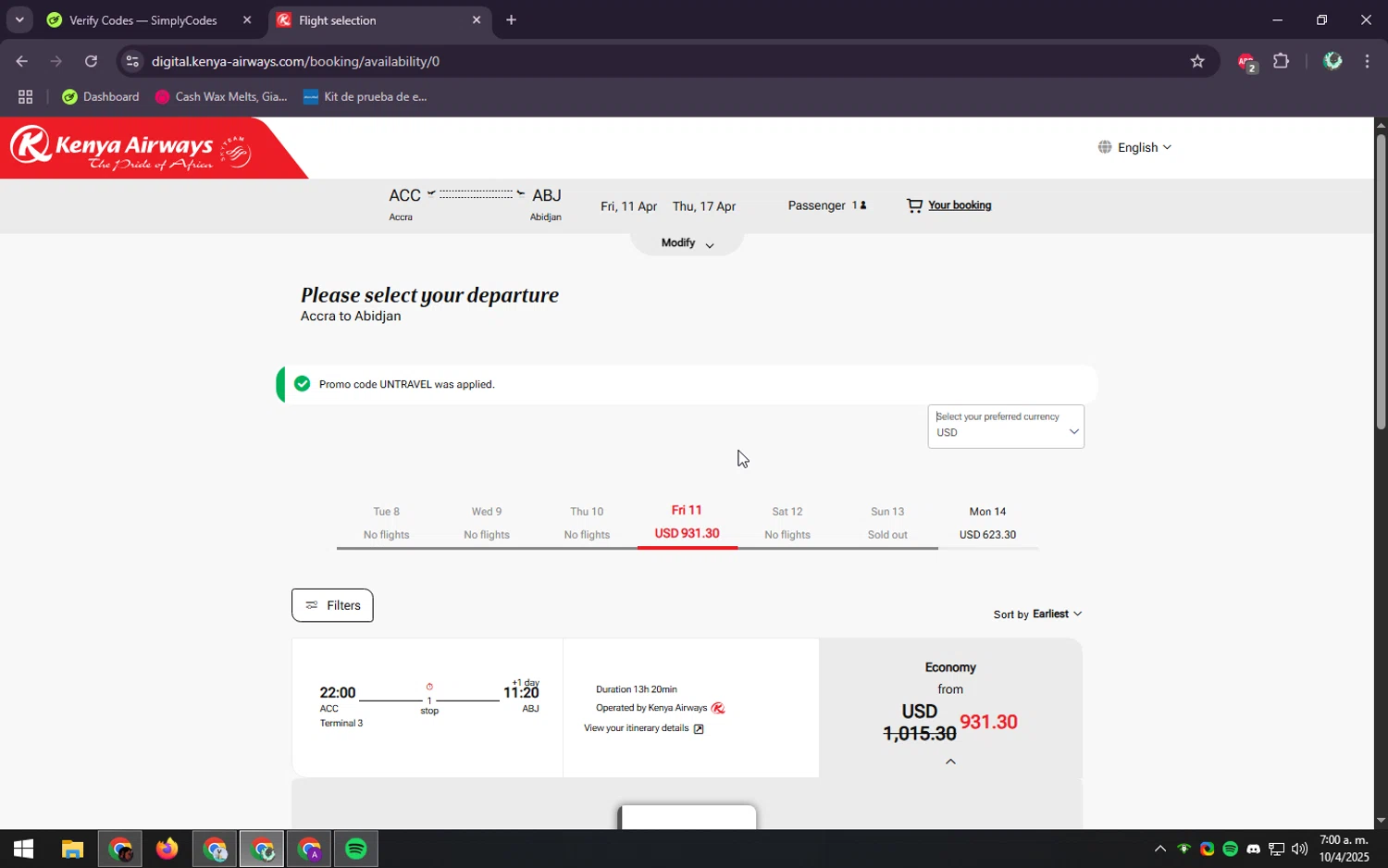 Kenya Airways checkout page showing Kenya Airways promo code box | Screenshot taken by SimplyCodes community member on Apr 10, 2025