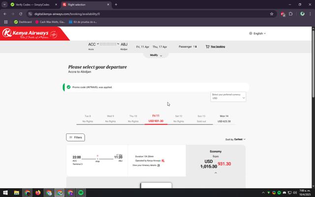 Kenya Airways checkout page showing Kenya Airways promo code box | Screenshot taken by SimplyCodes community member on Apr 10, 2025