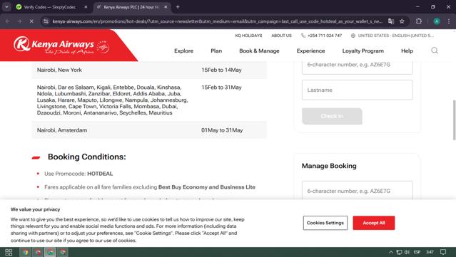 Kenya Airways checkout page showing Kenya Airways promo code box | Screenshot taken by SimplyCodes community member on Mar 15, 2025
