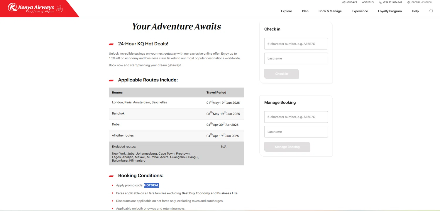 Kenya Airways promo code screenshot showing code HOTDEAL applied at Kenya Airways checkout page. Uploaded by SimplyCodes community member HoneyJean on Apr 24, 2025