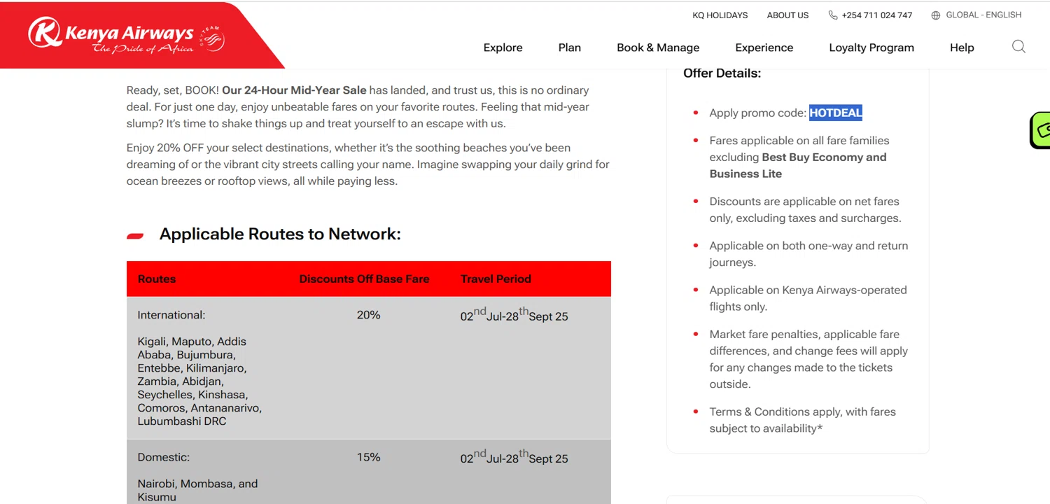 Kenya Airways promo code screenshot showing code HOTDEAL applied at Kenya Airways checkout page. Uploaded by SimplyCodes community member HoneyJean on Jun 30, 2025