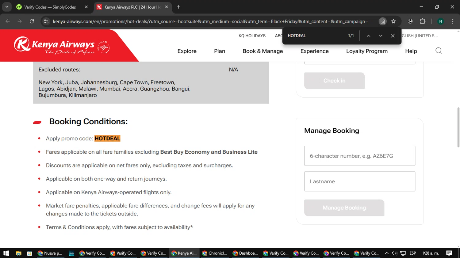 Kenya Airways promo code screenshot showing code HOTDEAL applied at Kenya Airways checkout page. Uploaded by SimplyCodes community member nataaokiiii on Apr 11, 2025