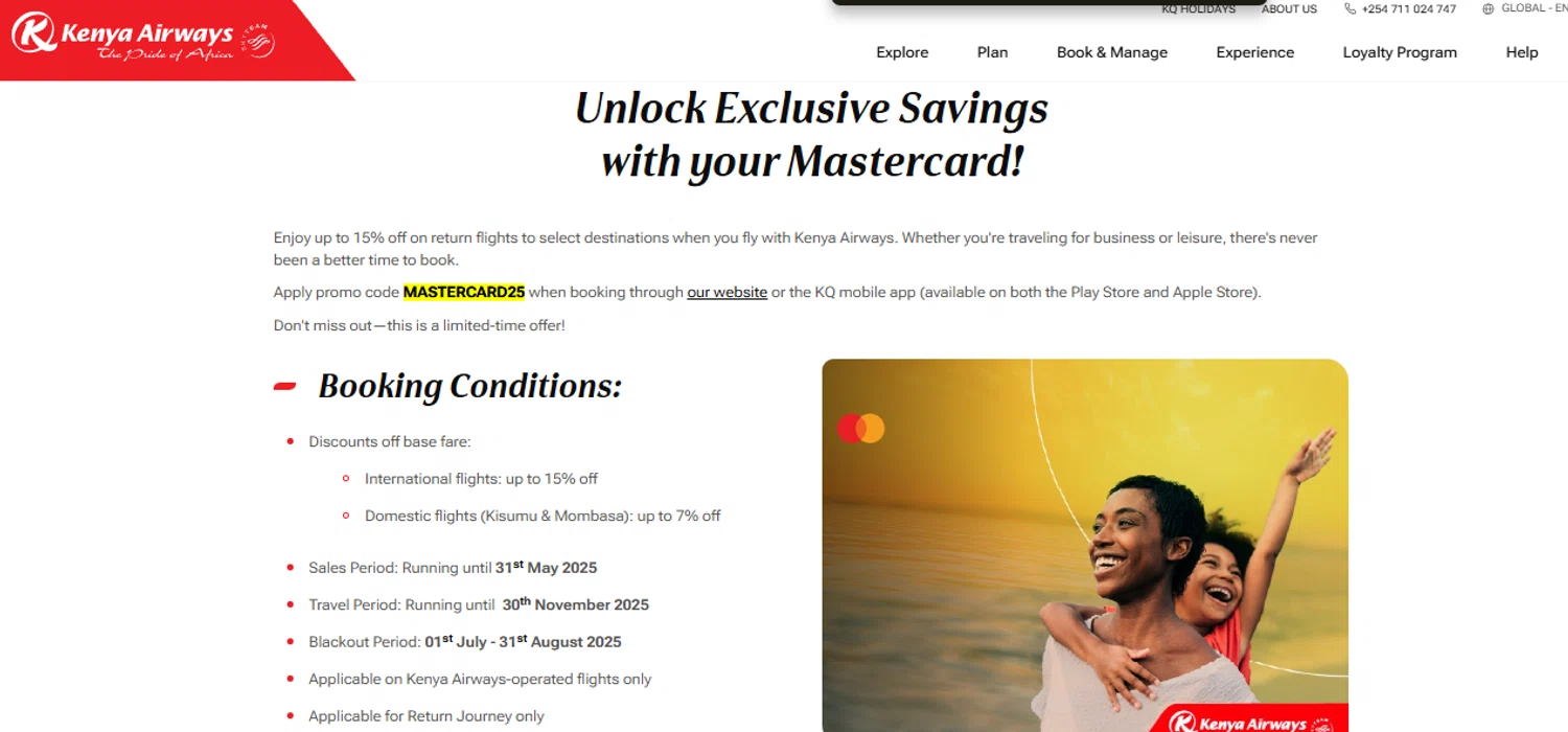 Kenya Airways promo code screenshot showing code MASTERCARD25 applied at Kenya Airways checkout page. Uploaded by SimplyCodes community member SimplyCVerlie on May 7, 2025
