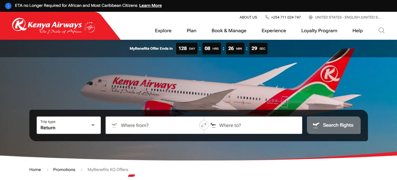 Kenya Airways promo code screenshot showing code MYBENEFITSKQ applied at Kenya Airways checkout page. Uploaded by SimplyCodes community member bettercallkim on Aug 25, 2025