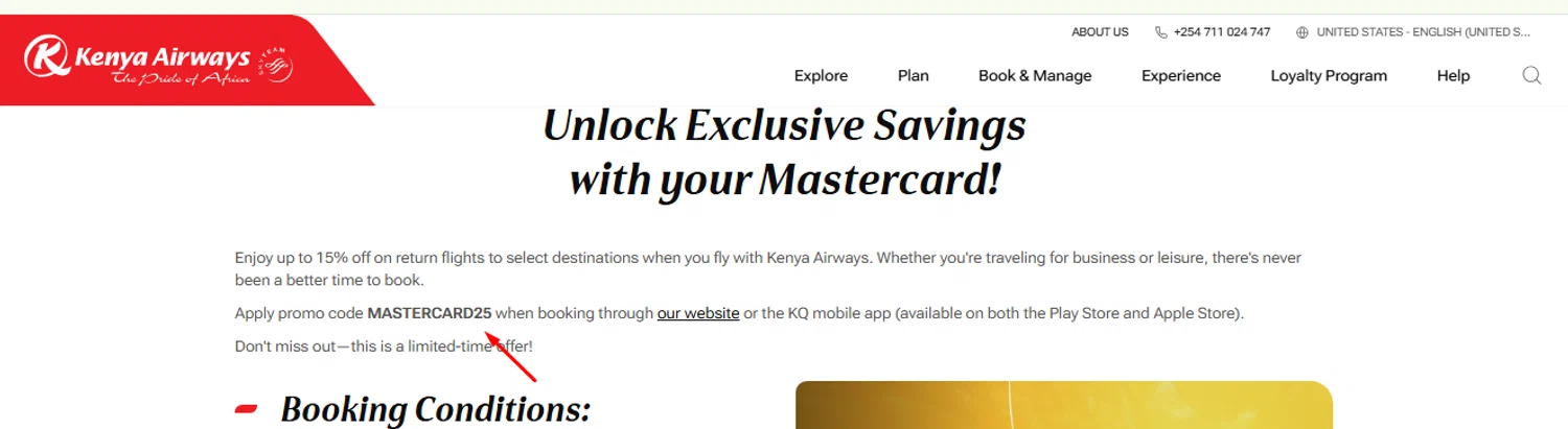 Kenya Airways promo code screenshot showing code MASTERCARD25 applied at Kenya Airways checkout page. Uploaded by SimplyCodes community member carlosrivero on Aug 25, 2025
