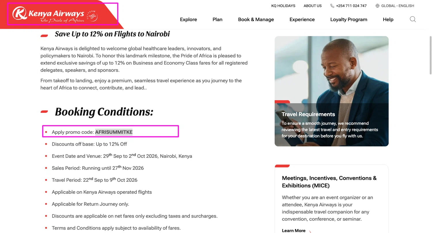 Kenya Airways promo code screenshot showing code AFRISUMMITKE applied at Kenya Airways checkout page. Uploaded by SimplyCodes community member chandlerbing on Jun 3, 2026