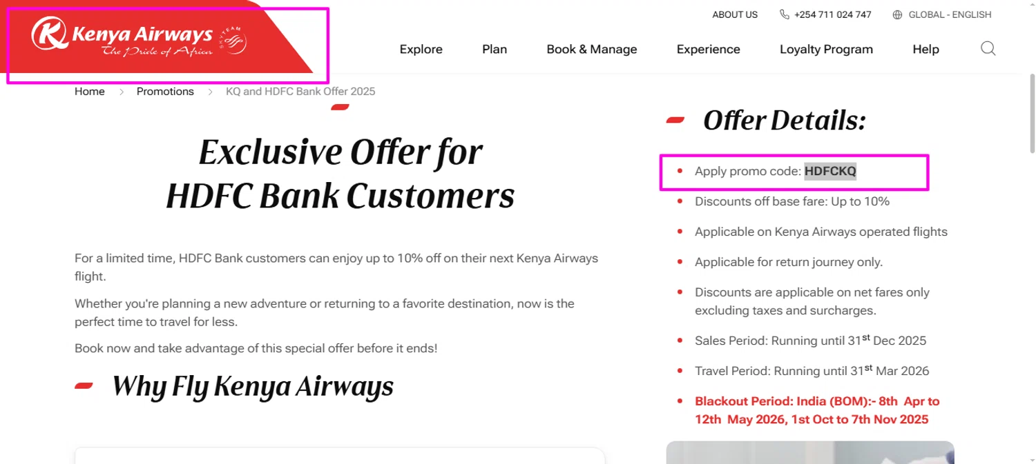 Kenya Airways promo code screenshot showing code HDFCKQ applied at Kenya Airways checkout page. Uploaded by SimplyCodes community member mrdarcy on Sep 13, 2025