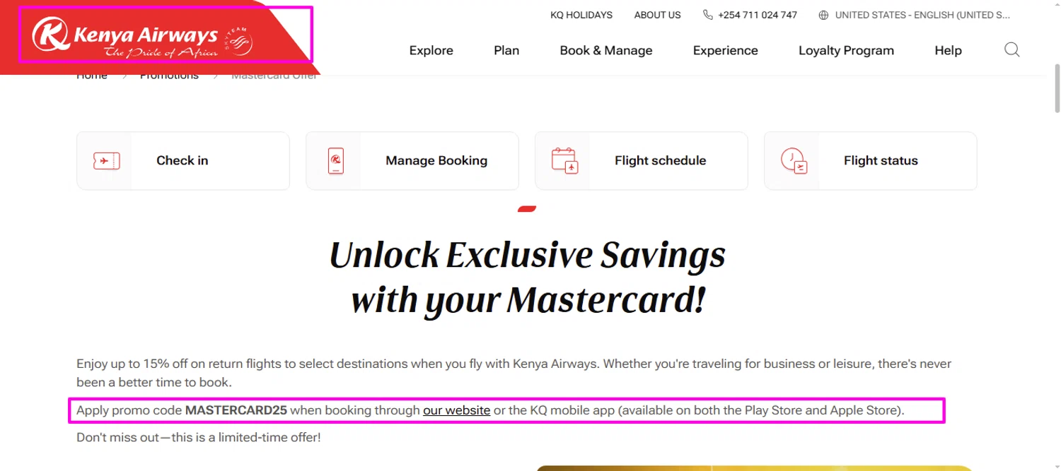 Kenya Airways promo code screenshot showing code MASTERCARD25 applied at Kenya Airways checkout page. Uploaded by SimplyCodes community member mrdarcy on May 7, 2025