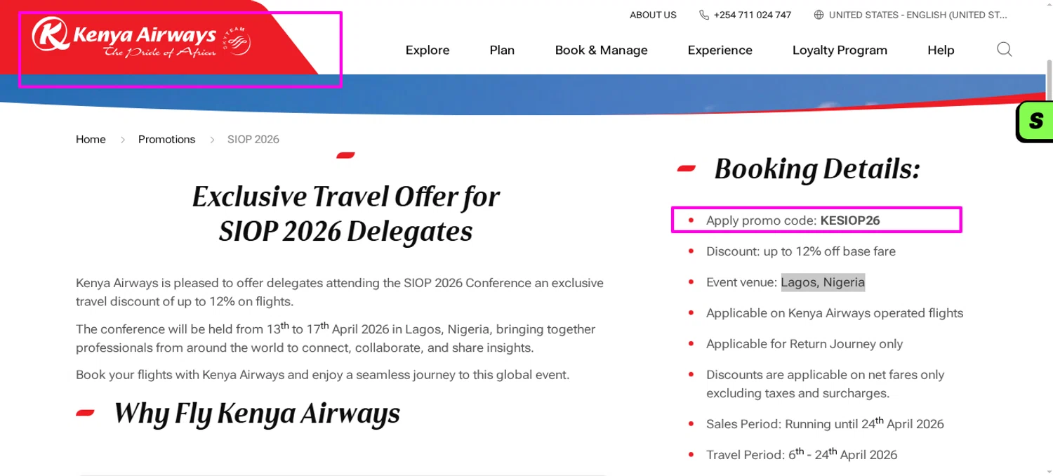Kenya Airways promo code screenshot showing code KESIOP26 applied at Kenya Airways checkout page. Uploaded by SimplyCodes community member mrdarcy on Feb 6, 2026