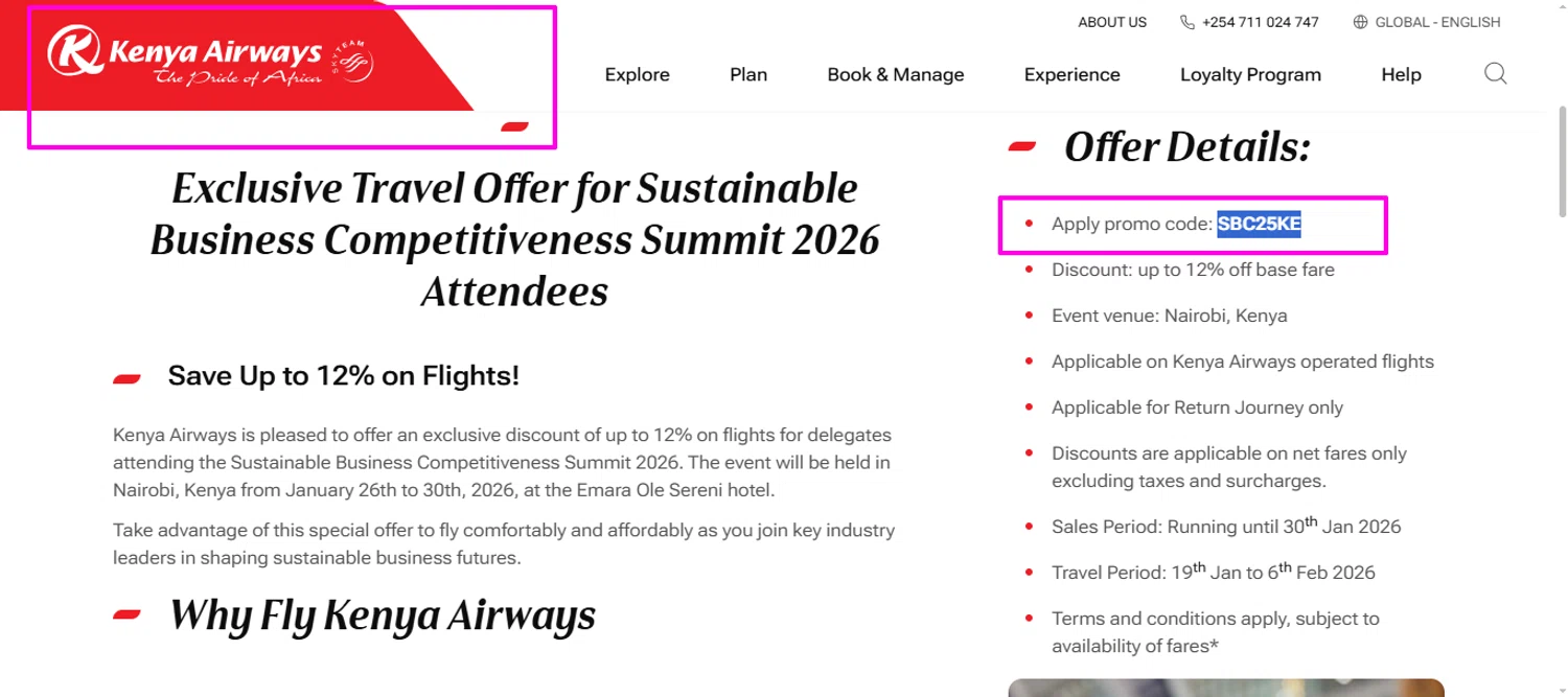 Kenya Airways promo code screenshot showing code SBC25KE applied at Kenya Airways checkout page. Uploaded by SimplyCodes community member mrdarcy on Jan 10, 2026