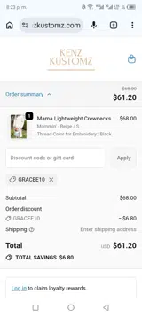 GRACEE10 coupon verification screenshot