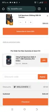 WELCOME10 coupon verification screenshot