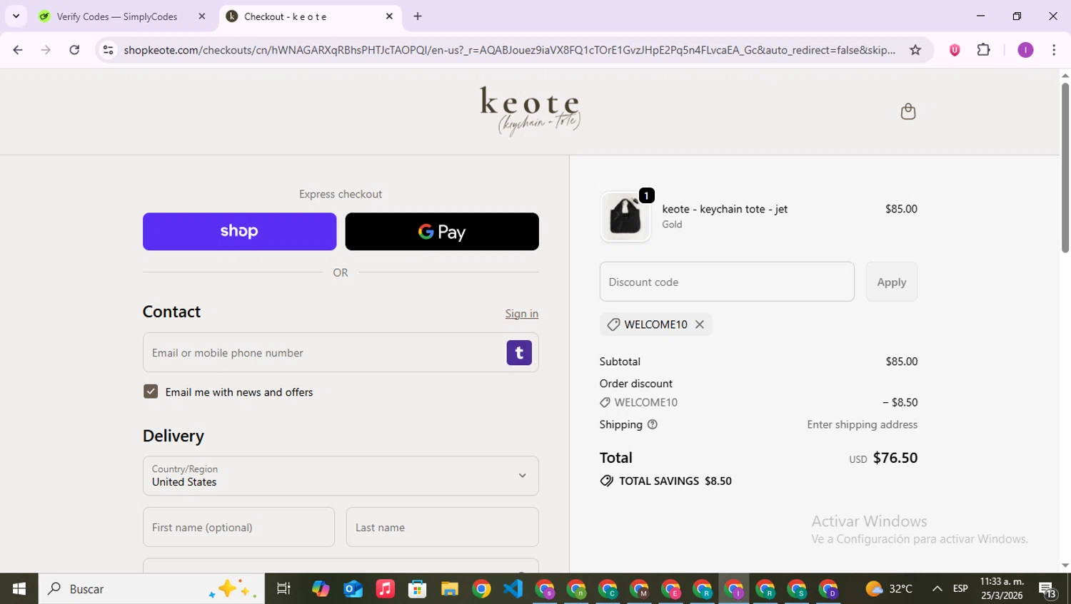 Keote promo code screenshot showing code WELCOME10 applied at Keote checkout page. Uploaded by SimplyCodes community member RebateAce6764 on Mar 25, 2026