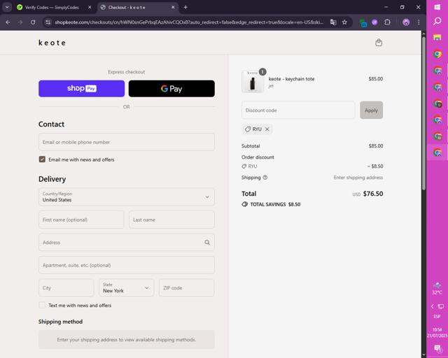 Keote checkout page showing Keote discount code box | Screenshot taken by SimplyCodes community member on Jul 21, 2025