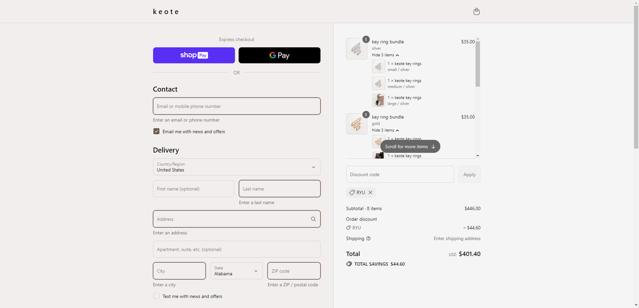 Keote checkout page showing Keote discount code box | Screenshot taken by SimplyCodes community member on Aug 19, 2025