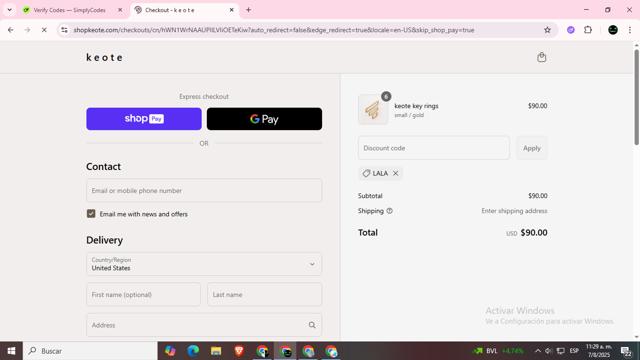 Keote checkout page showing Keote discount code box | Screenshot taken by SimplyCodes community member on Aug 7, 2025
