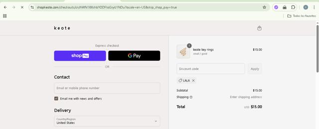 Keote checkout page showing Keote discount code box | Screenshot taken by SimplyCodes community member on Aug 7, 2025