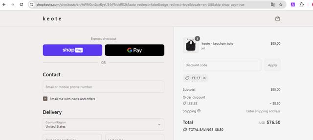 Keote checkout page showing Keote discount code box | Screenshot taken by SimplyCodes community member on Jul 21, 2025