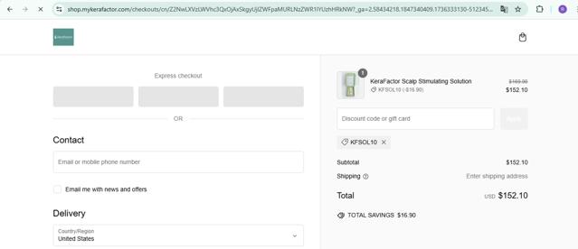 KeraFactor checkout page showing KeraFactor discount code box | Screenshot taken by SimplyCodes community member on Jan 8, 2025