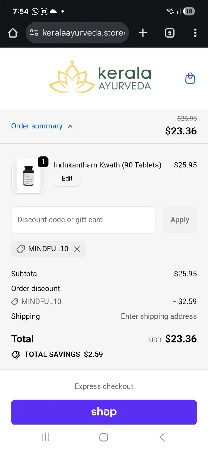 Kerala Ayurveda coupon code screenshot showing code MINDFUL10 applied at Kerala Ayurveda checkout page. Uploaded by SimplyCodes community member kikimbappe on Nov 18, 2025