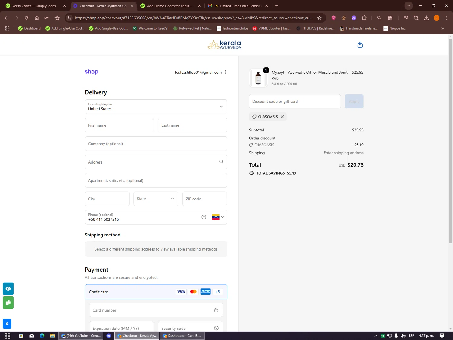 Kerala Ayurveda coupon code screenshot showing code OJASOASIS applied at Kerala Ayurveda checkout page. Uploaded by SimplyCodes community member Alalee on Oct 17, 2025