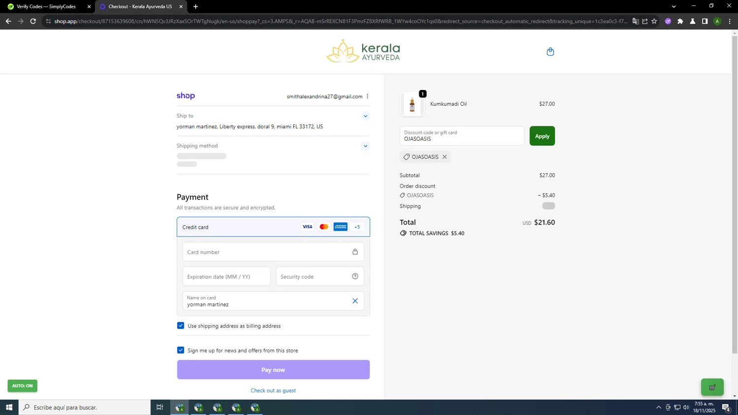 Kerala Ayurveda coupon code screenshot showing code OJASOASIS applied at Kerala Ayurveda checkout page. Uploaded by SimplyCodes community member TOKIOBOT on Nov 18, 2025