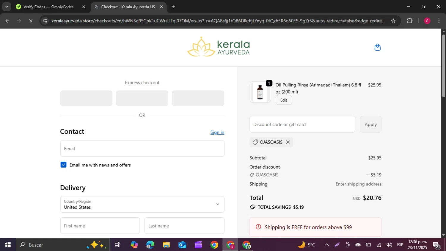 Kerala Ayurveda coupon code screenshot showing code OJASOASIS applied at Kerala Ayurveda checkout page. Uploaded by SimplyCodes community member swiftie on Nov 23, 2025