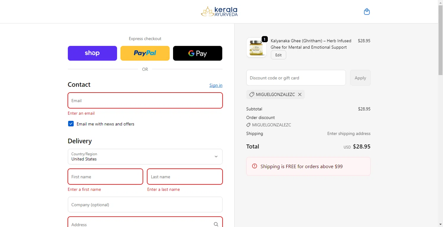 Kerala Ayurveda coupon code screenshot showing code MIGUELGONZALEZC applied at Kerala Ayurveda checkout page. Uploaded by SimplyCodes community member LlonardoLotes on Oct 9, 2025