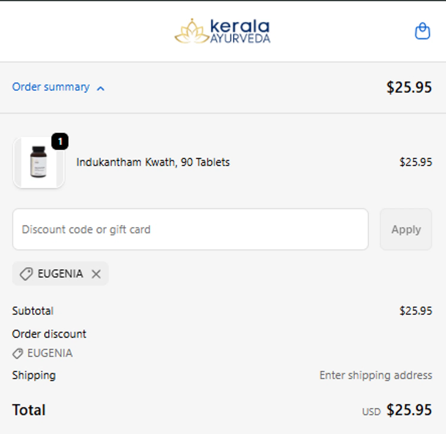 Kerala Ayurveda coupon code screenshot showing code EUGENIA applied at Kerala Ayurveda checkout page. Uploaded by SimplyCodes community member EugeniaRoMa on Oct 25, 2025