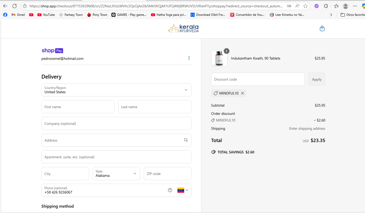 Kerala Ayurveda coupon code screenshot showing code MINDFUL10 applied at Kerala Ayurveda checkout page. Uploaded by SimplyCodes community member MoneyRanger9663 on Jun 21, 2025